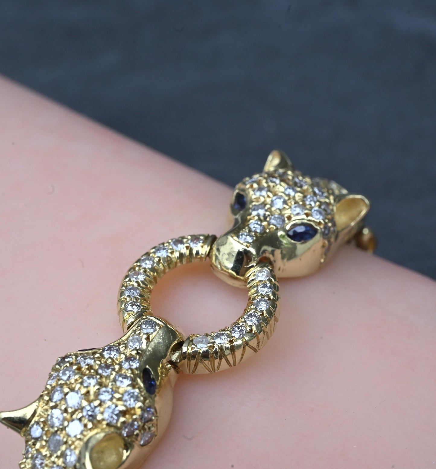 IGI Certified 14K Yellow Gold Panther Motif Diamond & Sapphire Link Bracelet