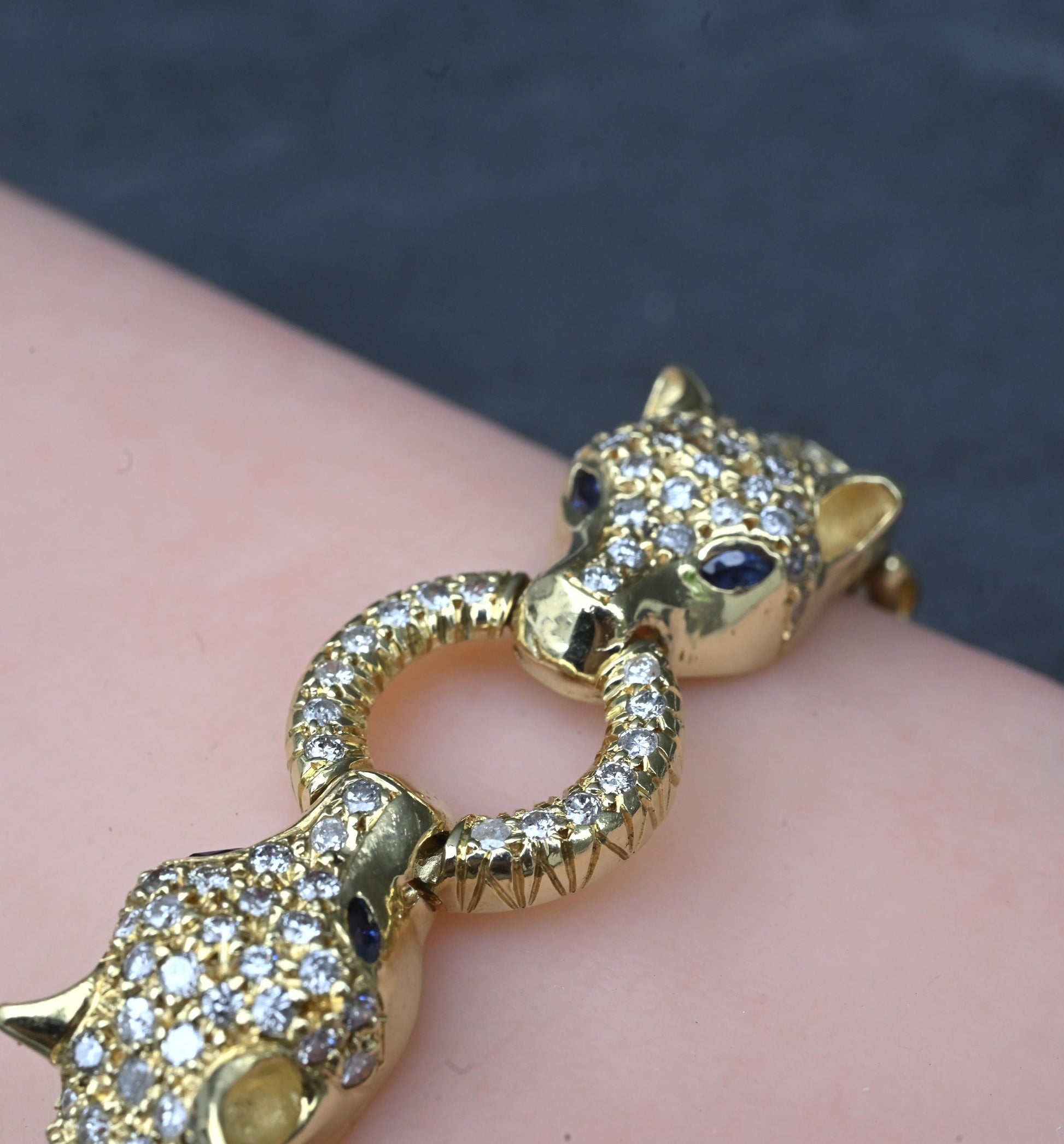 IGI Certified 14K Yellow Gold Panther Motif Diamond & Sapphire Link Bracelet