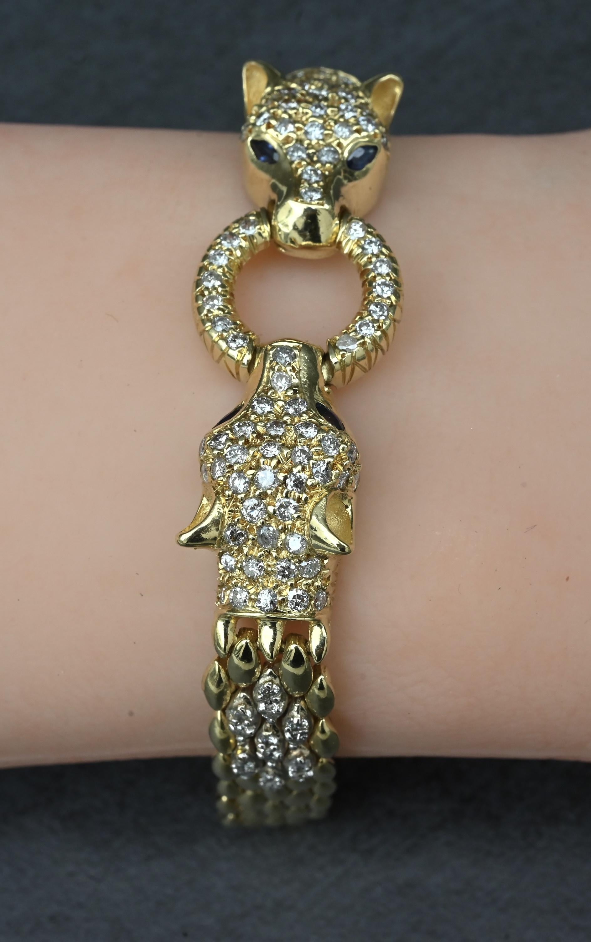 IGI Certified 14K Yellow Gold Panther Motif Diamond & Sapphire Link Bracelet