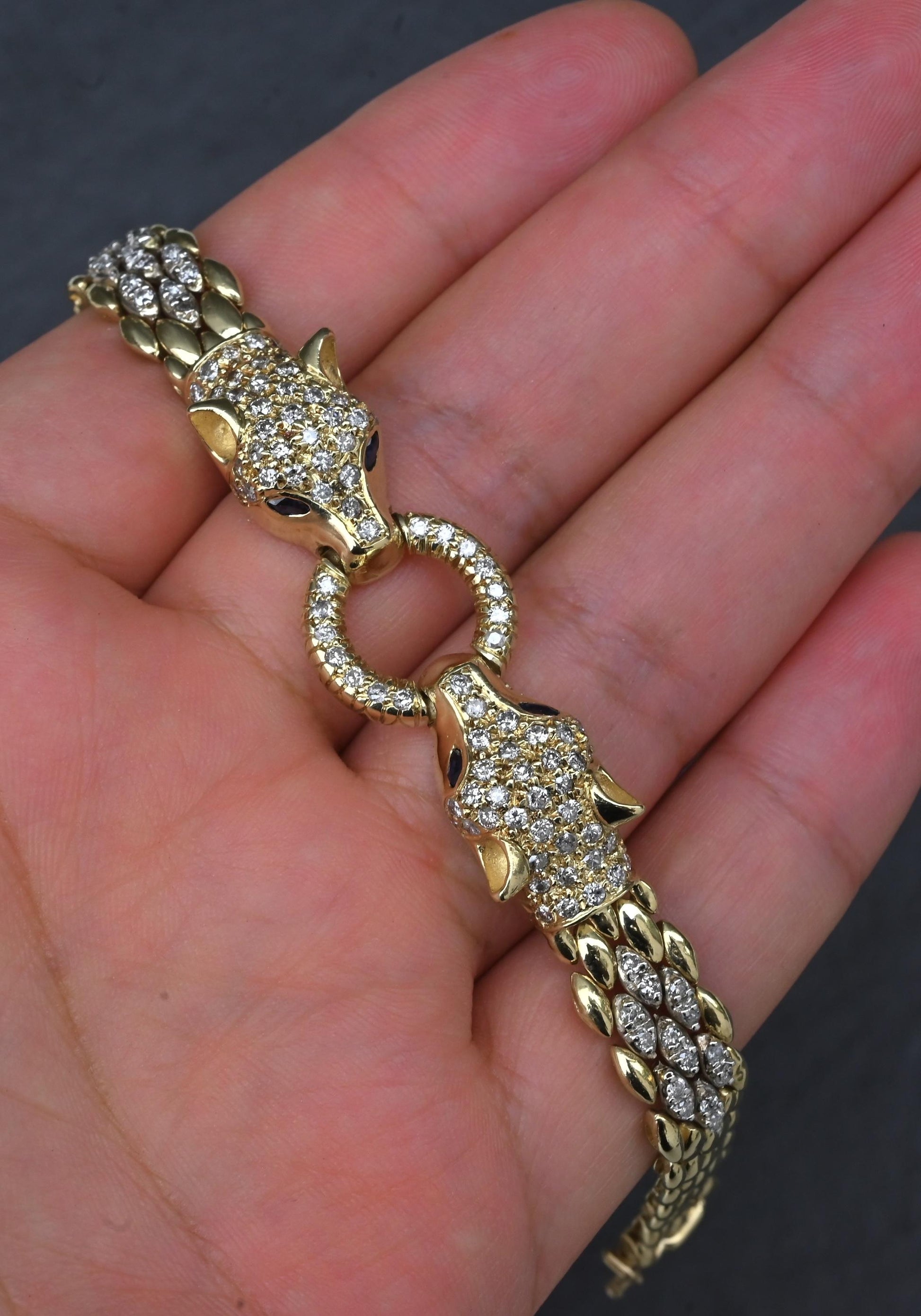 IGI Certified 14K Yellow Gold Panther Motif Diamond & Sapphire Link Bracelet