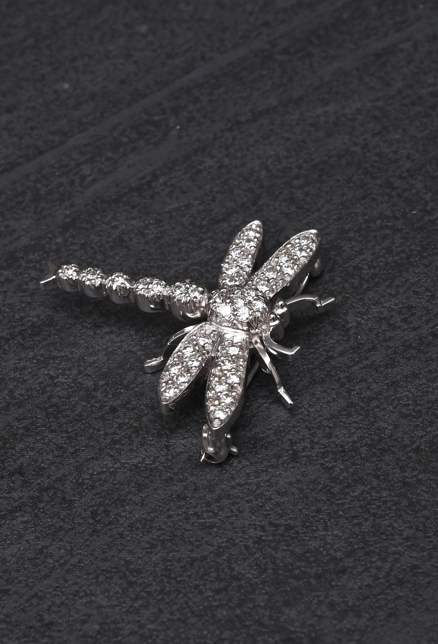 18K White Gold Dragonfly Diamond Brooch Pin 0.65ctw VS Clarity Pavé Pin