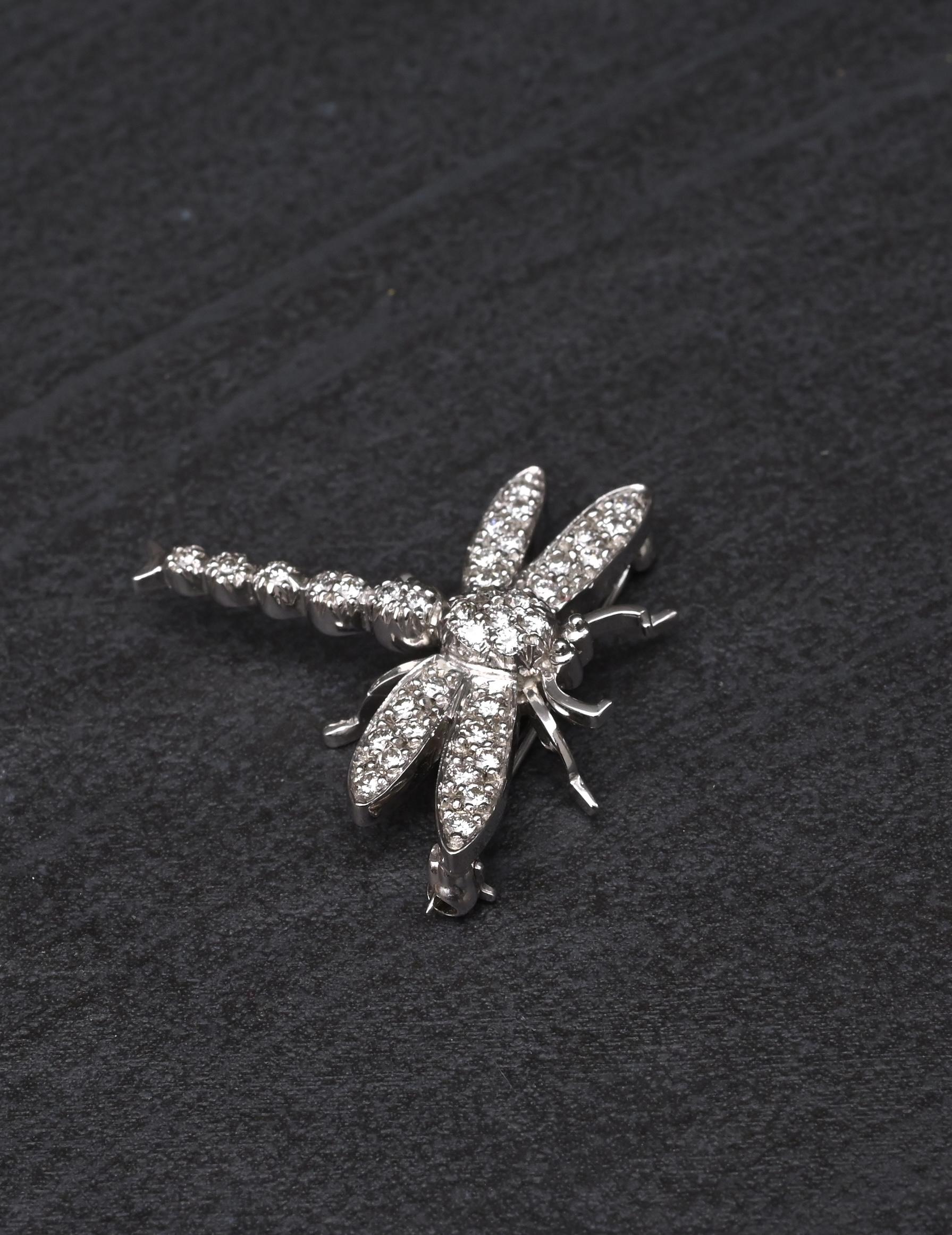 18K White Gold Dragonfly Diamond Brooch Pin 0.65ctw VS Clarity Pavé Pin
