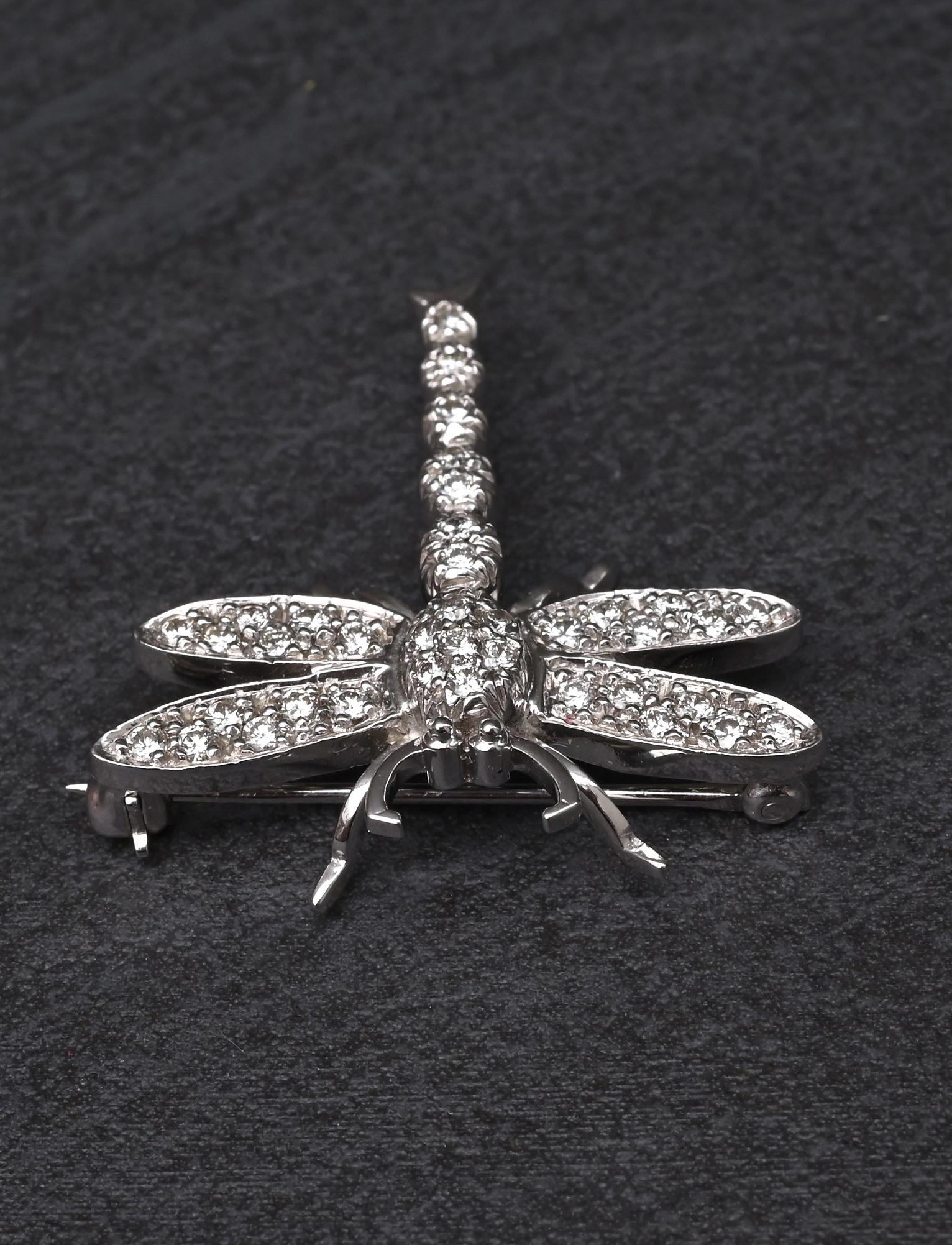 18K White Gold Dragonfly Diamond Brooch Pin 0.65ctw VS Clarity Pavé Pin