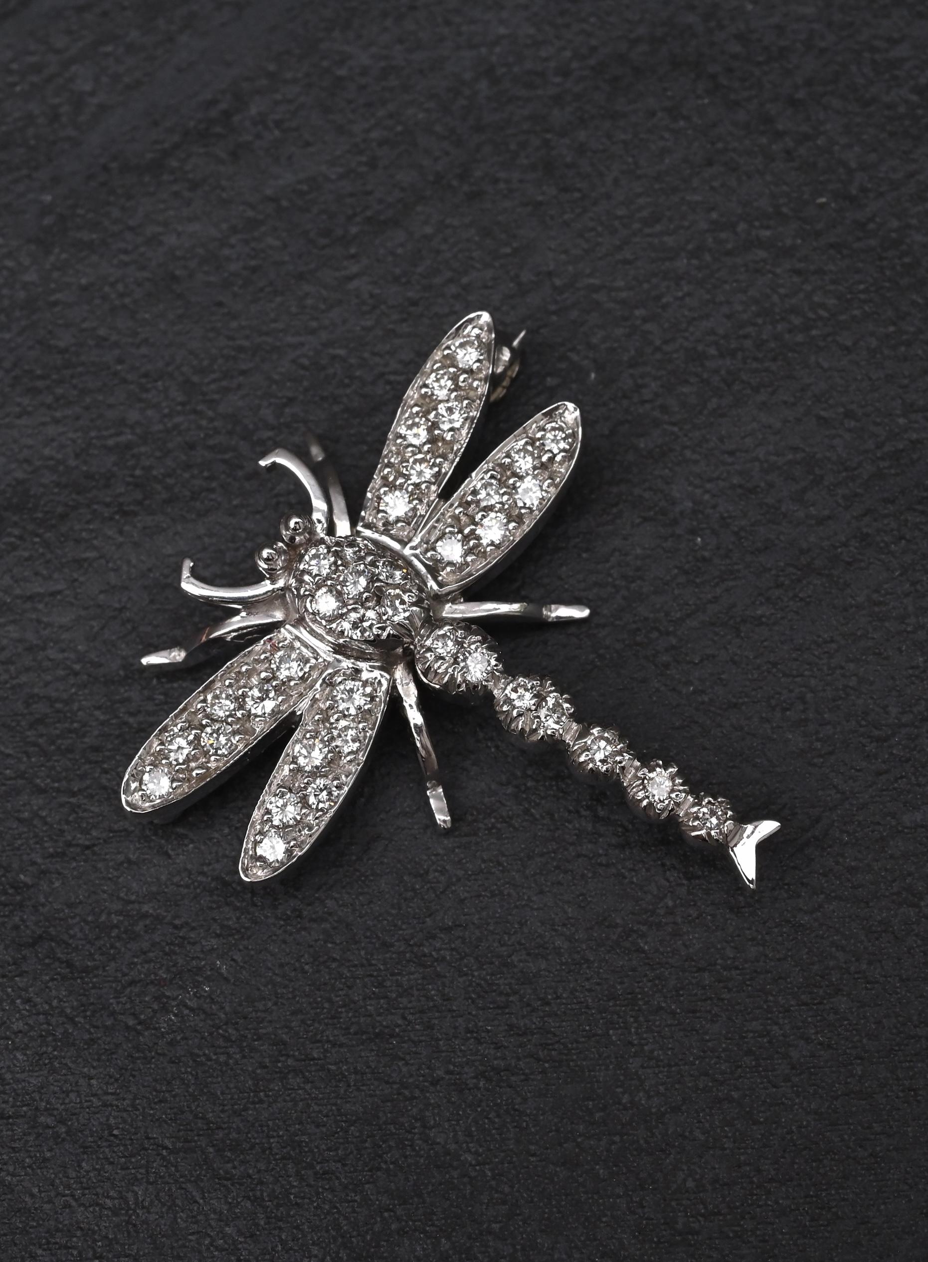 18K White Gold Dragonfly Diamond Brooch Pin 0.65ctw VS Clarity Pavé Pin