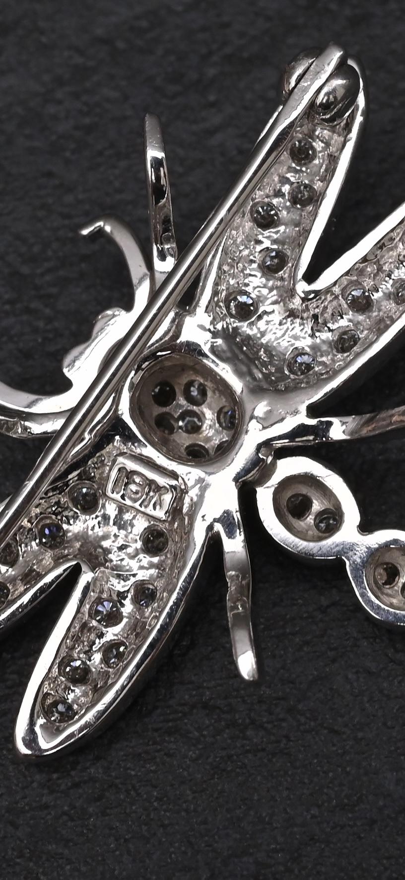 18K White Gold Dragonfly Diamond Brooch Pin 0.65ctw VS Clarity Pavé Pin