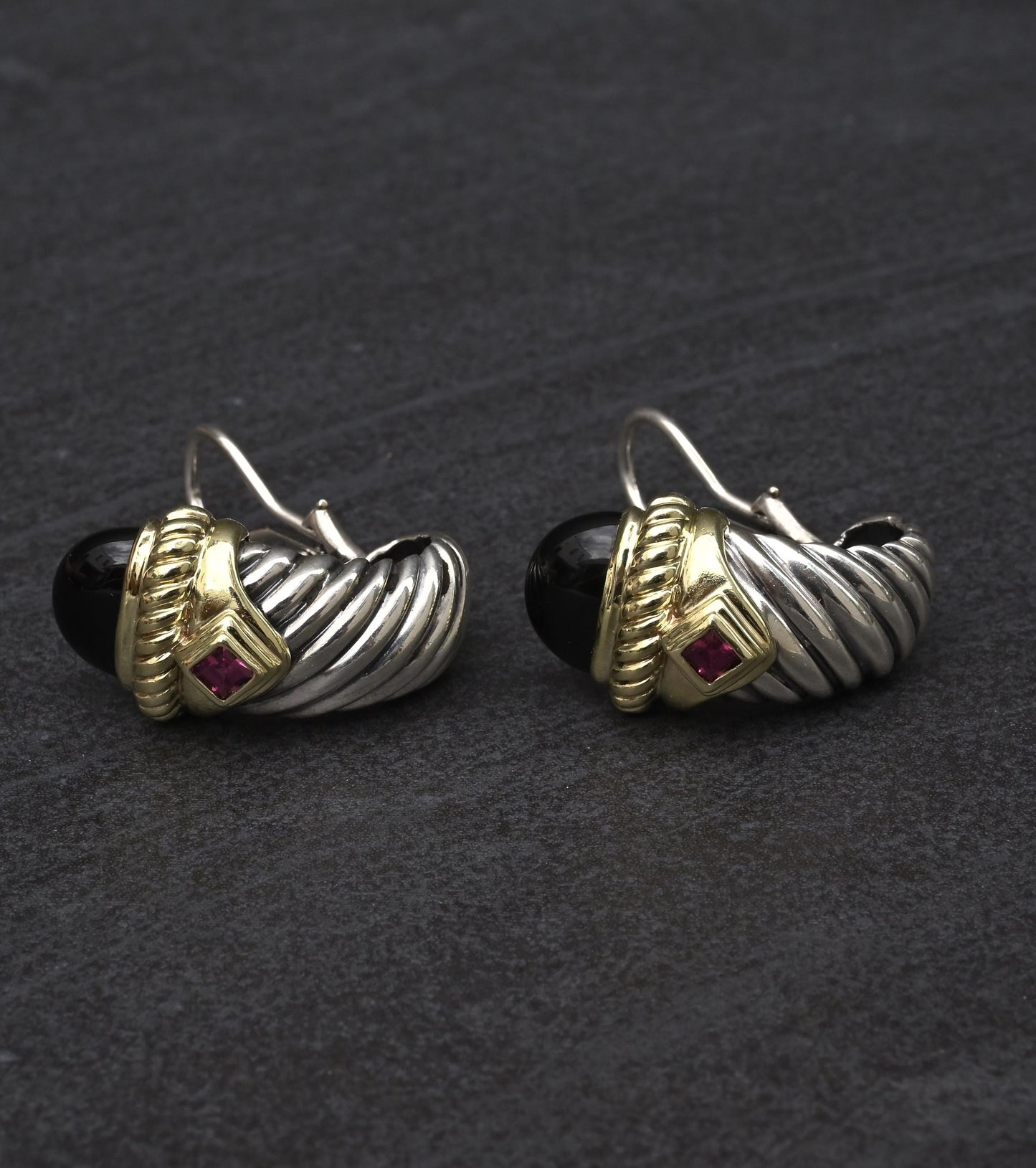 David Yurman Sterling Silver 14K Gold Cable Earrings Onyx & Pink Tourmaline