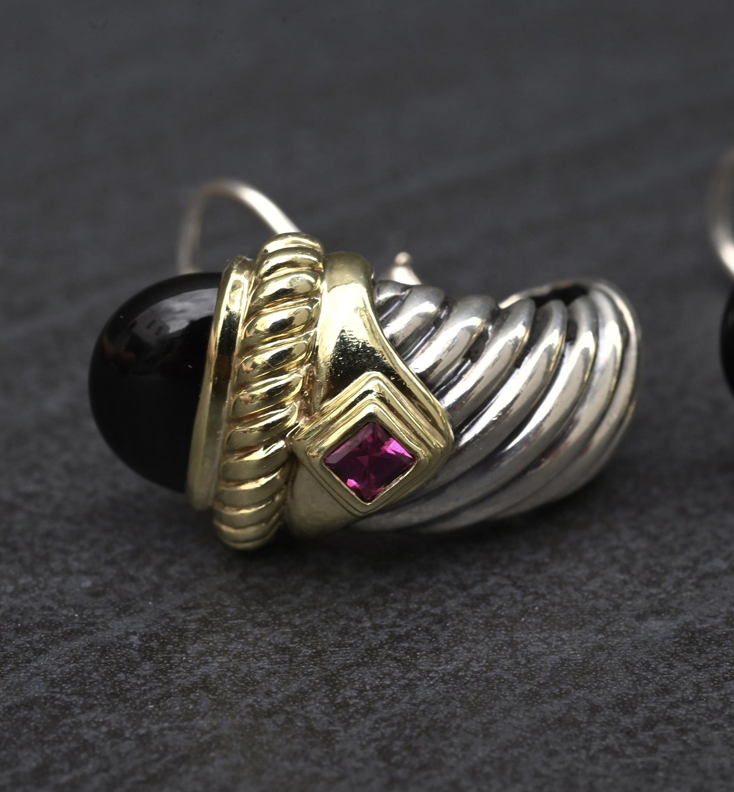 David Yurman Sterling Silver 14K Gold Cable Earrings Onyx & Pink Tourmaline