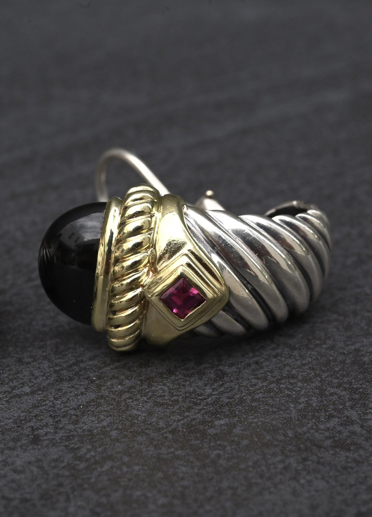 David Yurman Sterling Silver 14K Gold Cable Earrings Onyx & Pink Tourmaline