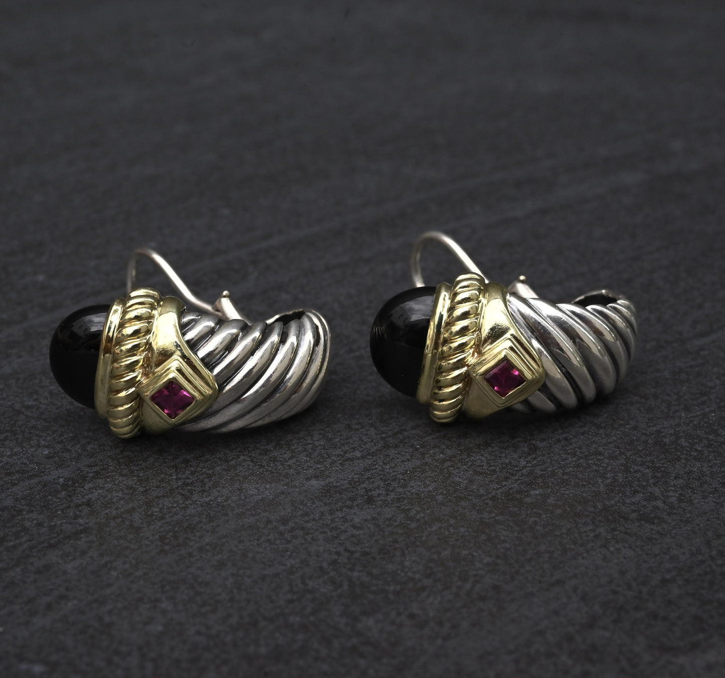 David Yurman Sterling Silver 14K Gold Cable Earrings Onyx & Pink Tourmaline