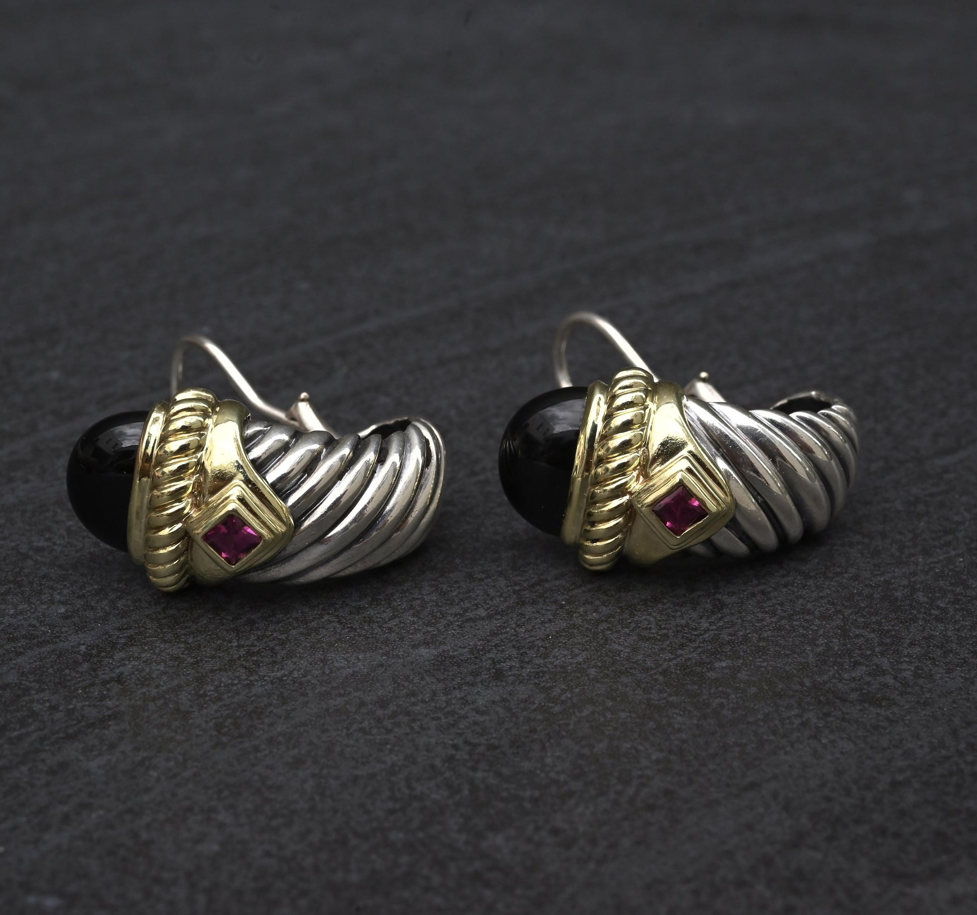 David Yurman Sterling Silver 14K Gold Cable Earrings Onyx & Pink Tourmaline