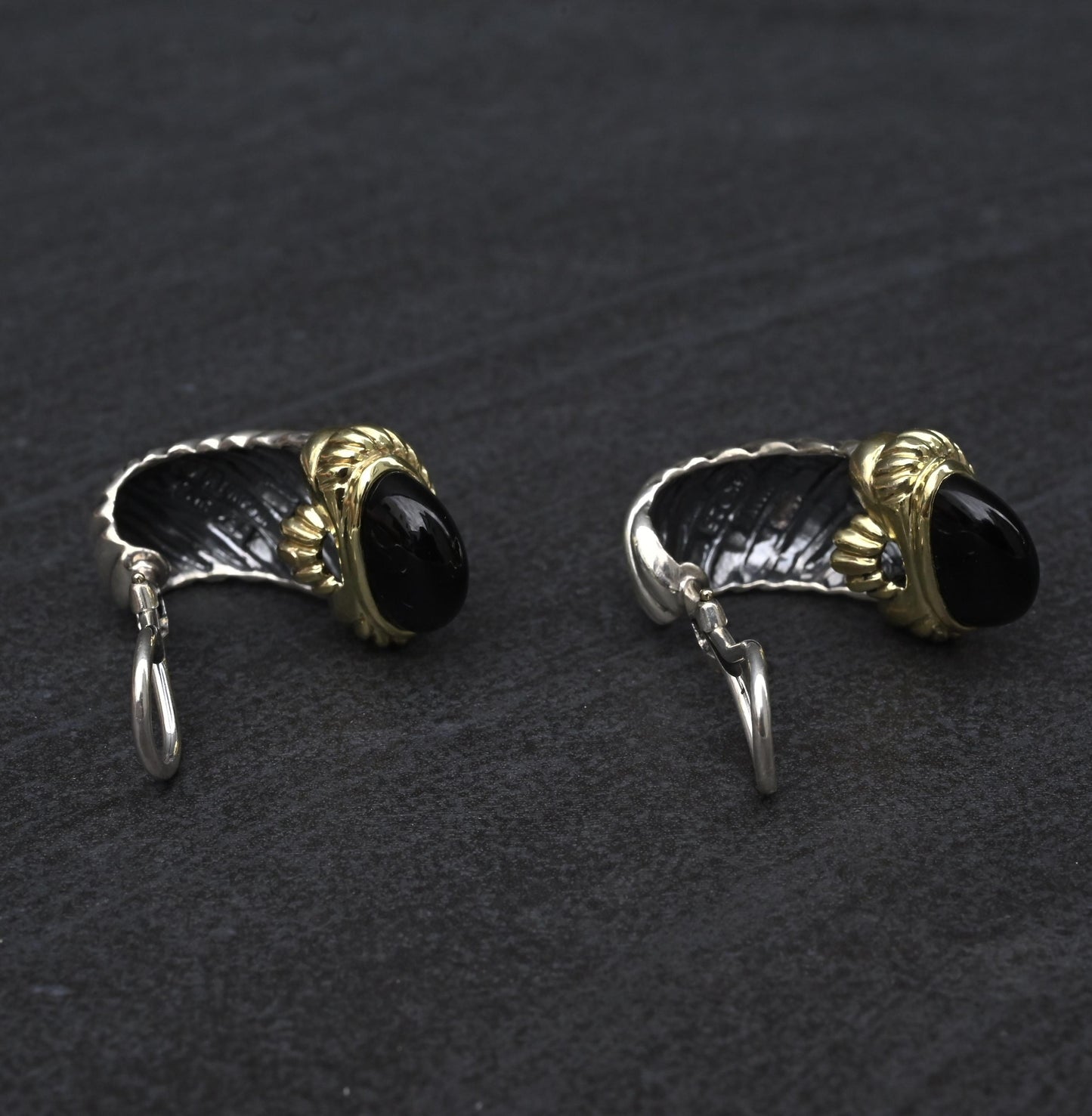 David Yurman Sterling Silver 14K Gold Cable Earrings Onyx & Pink Tourmaline