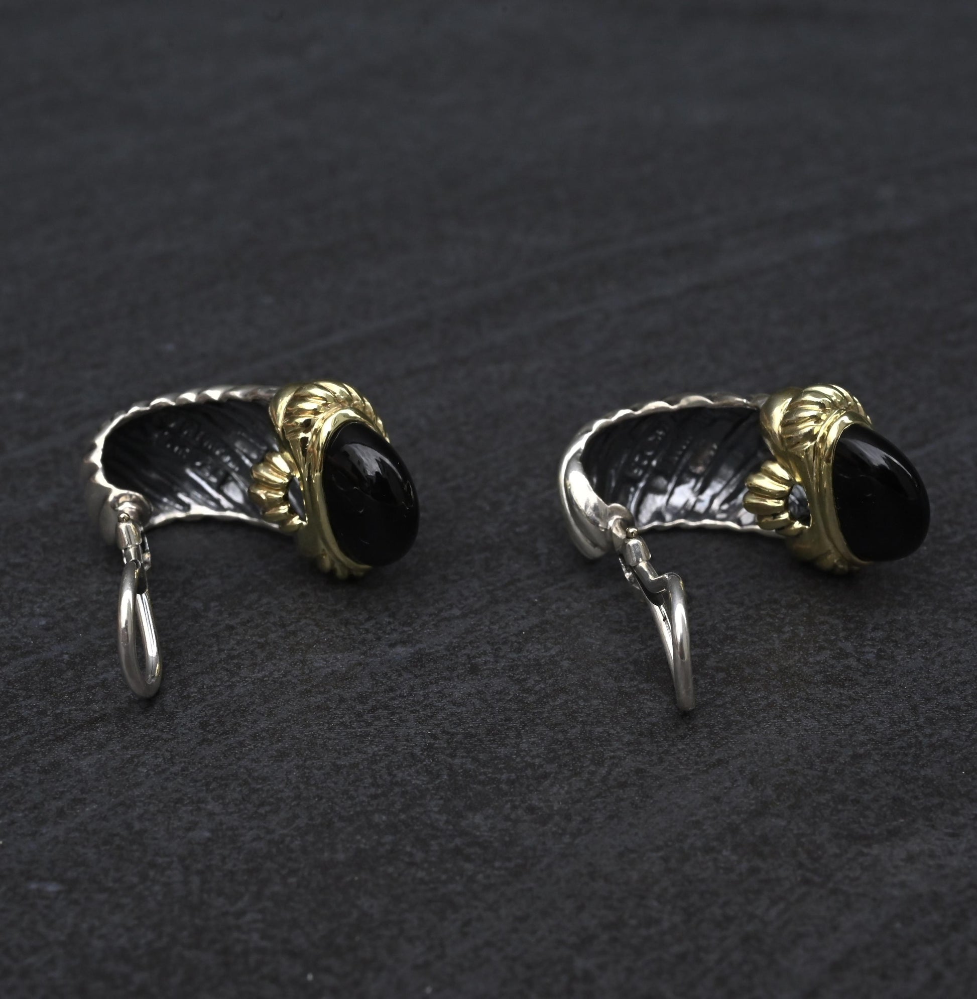David Yurman Sterling Silver 14K Gold Cable Earrings Onyx & Pink Tourmaline