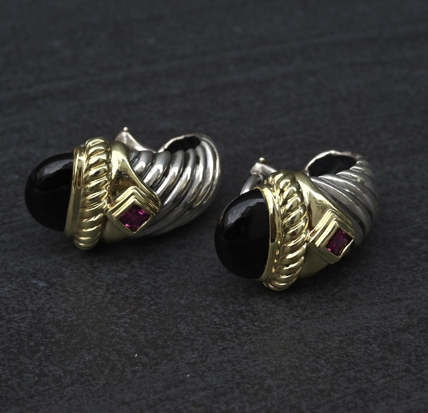 David Yurman Sterling Silver 14K Gold Cable Earrings Onyx & Pink Tourmaline