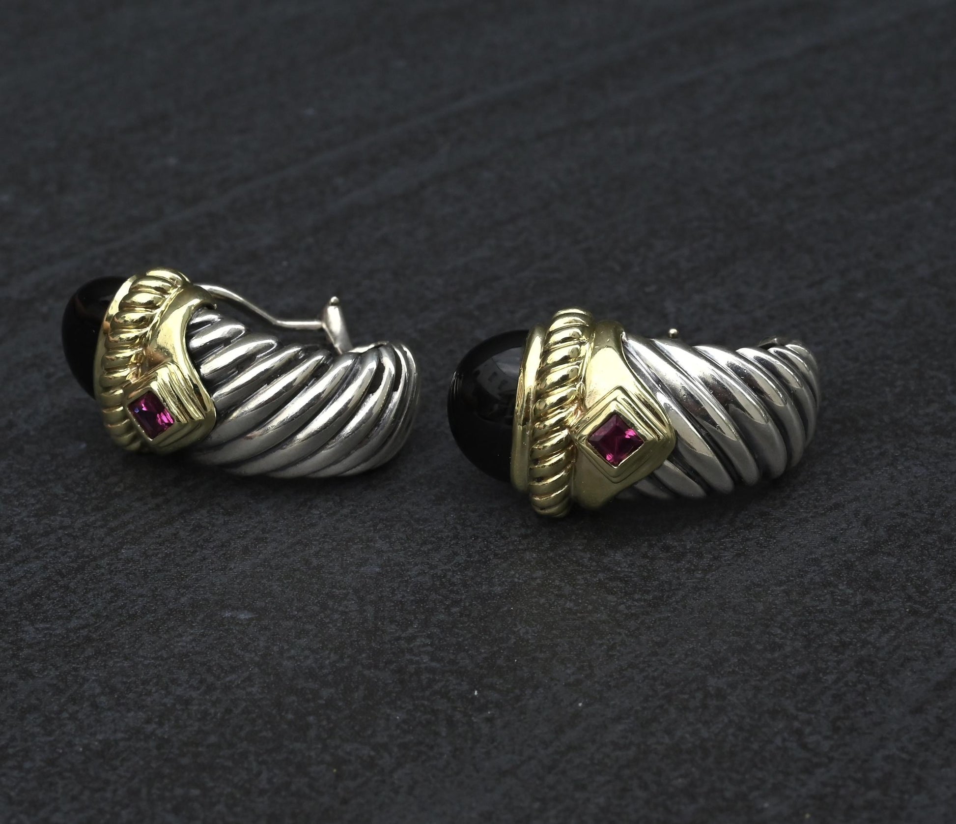 David Yurman Sterling Silver 14K Gold Cable Earrings Onyx & Pink Tourmaline