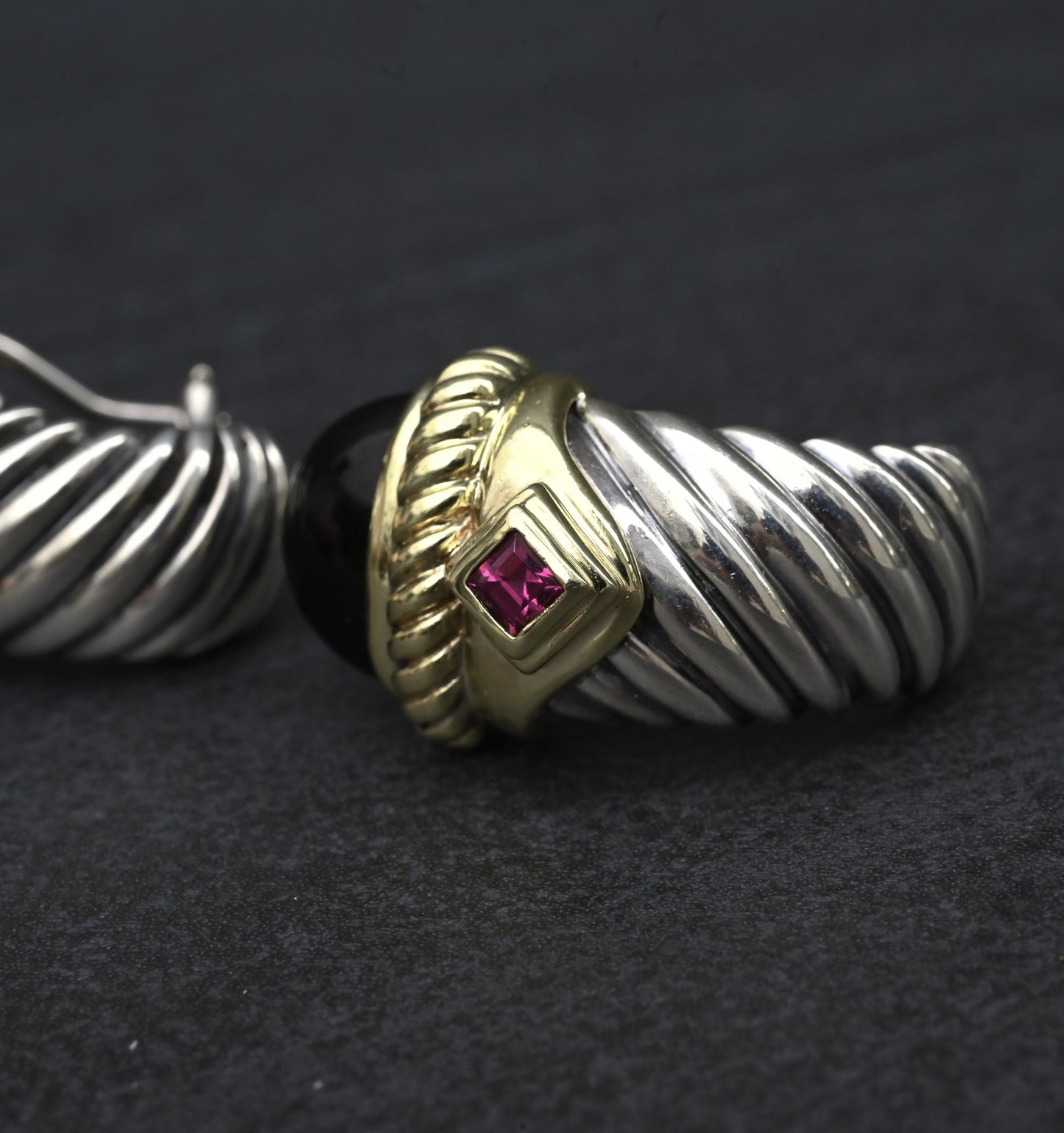 David Yurman Sterling Silver 14K Gold Cable Earrings Onyx & Pink Tourmaline