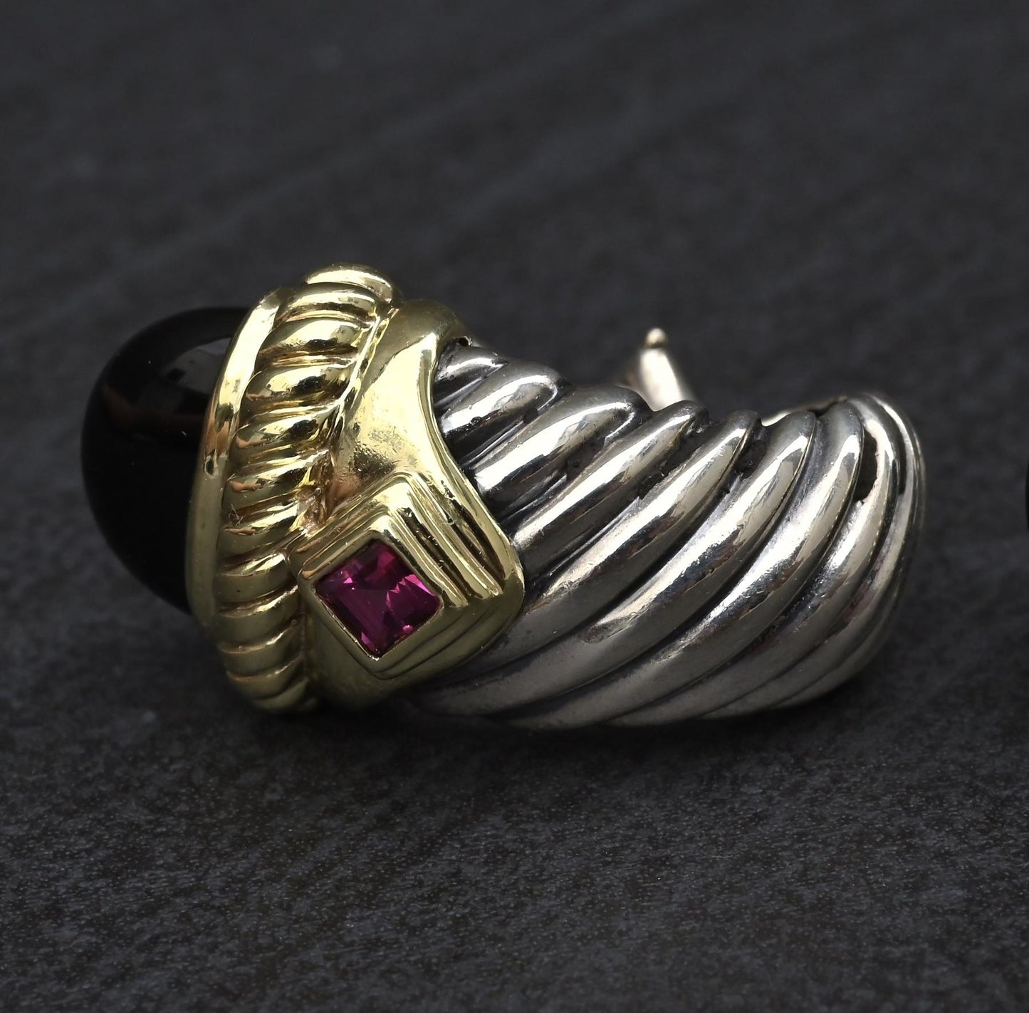 David Yurman Sterling Silver 14K Gold Cable Earrings Onyx & Pink Tourmaline