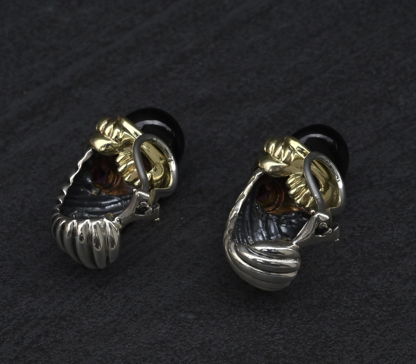 David Yurman Sterling Silver 14K Gold Cable Earrings Onyx & Pink Tourmaline