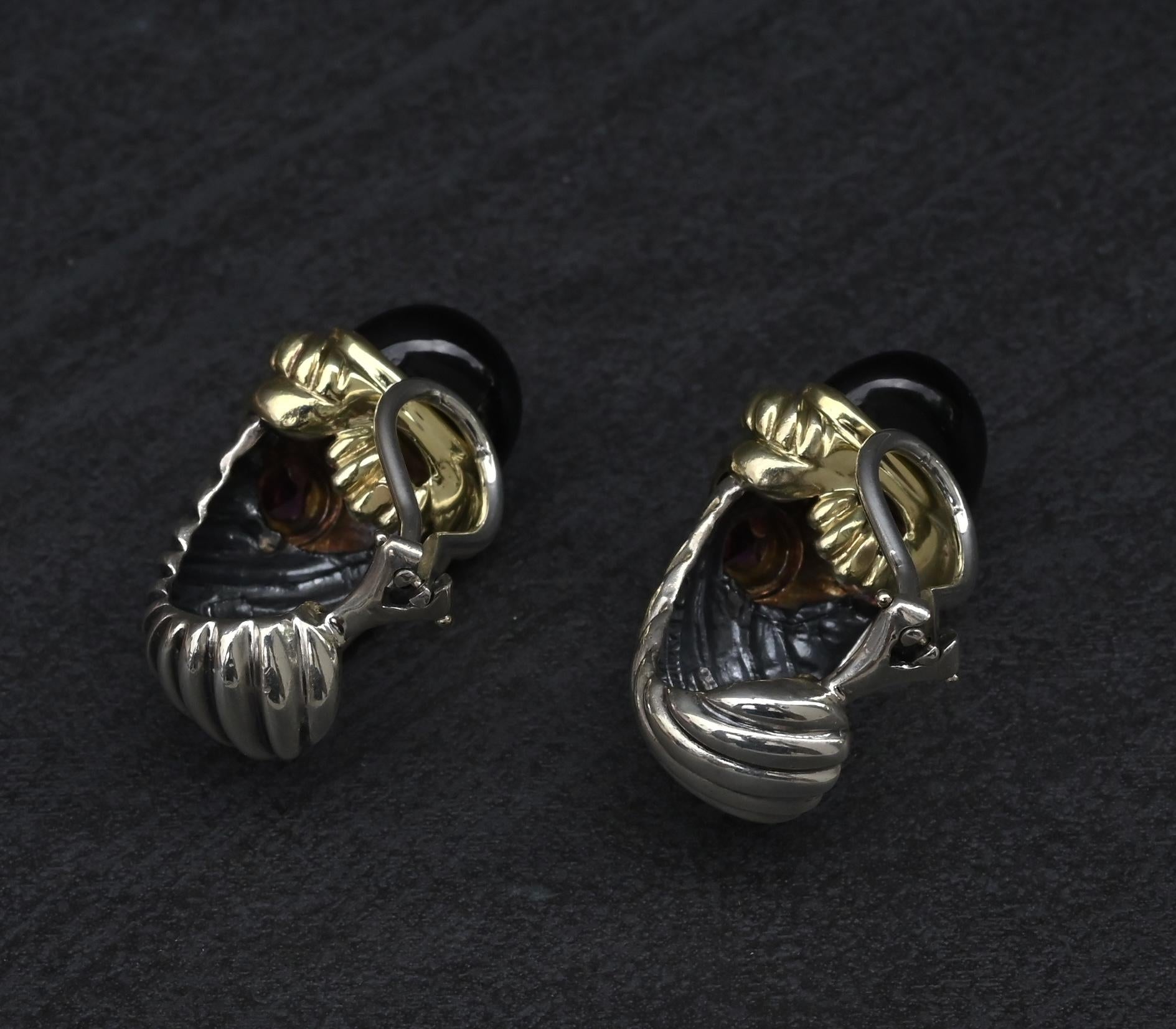 David Yurman Sterling Silver 14K Gold Cable Earrings Onyx & Pink Tourmaline