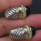 David Yurman Sterling Silver 14K Gold Cable Earrings Onyx & Pink Tourmaline