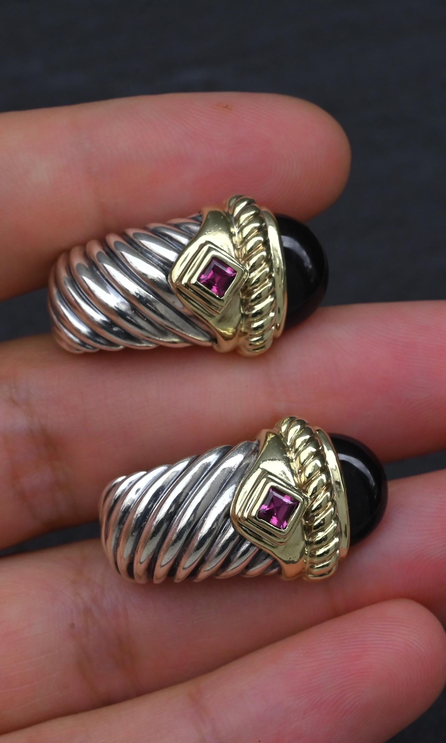 David Yurman Sterling Silver 14K Gold Cable Earrings Onyx & Pink Tourmaline