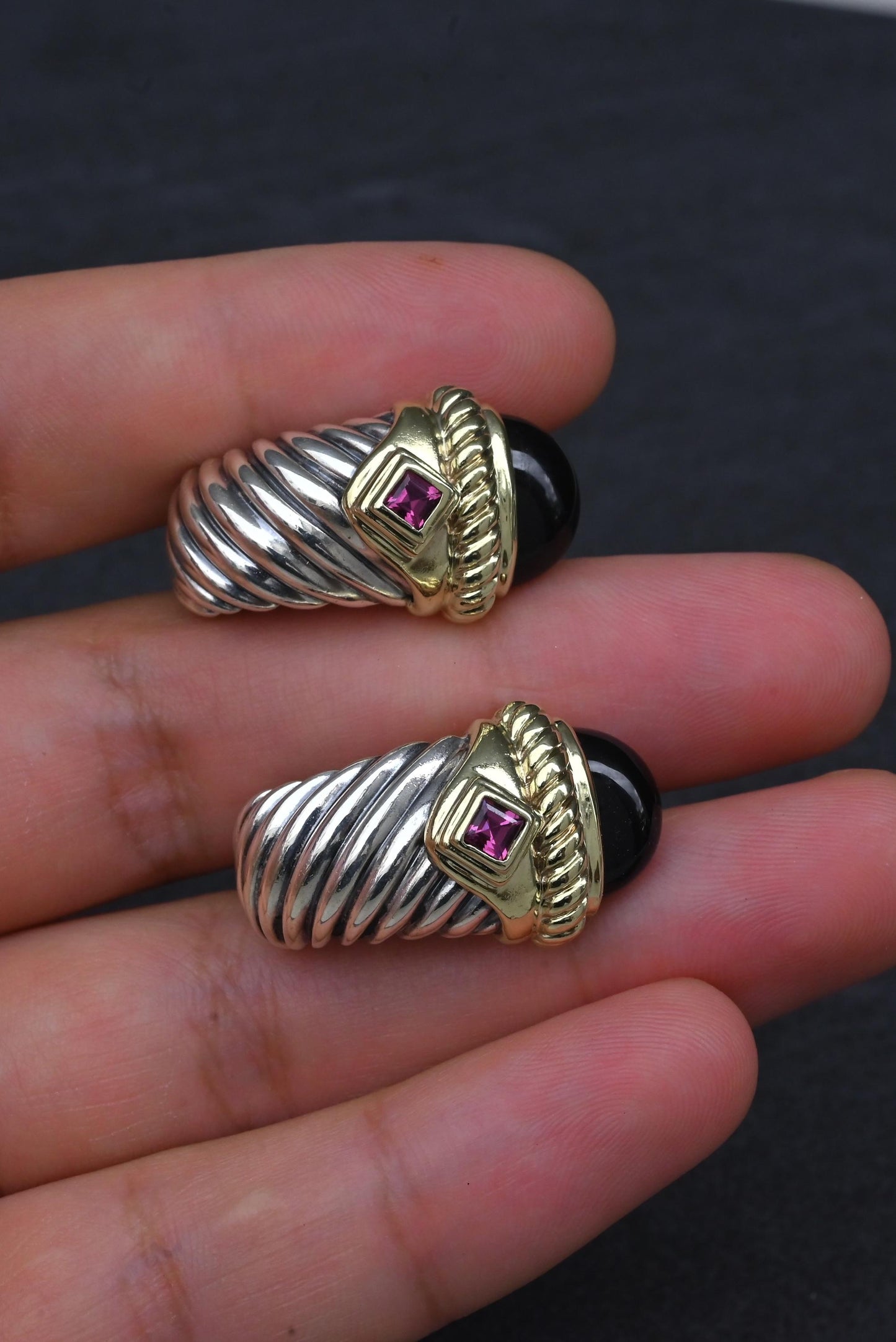 David Yurman Sterling Silver 14K Gold Cable Earrings Onyx & Pink Tourmaline
