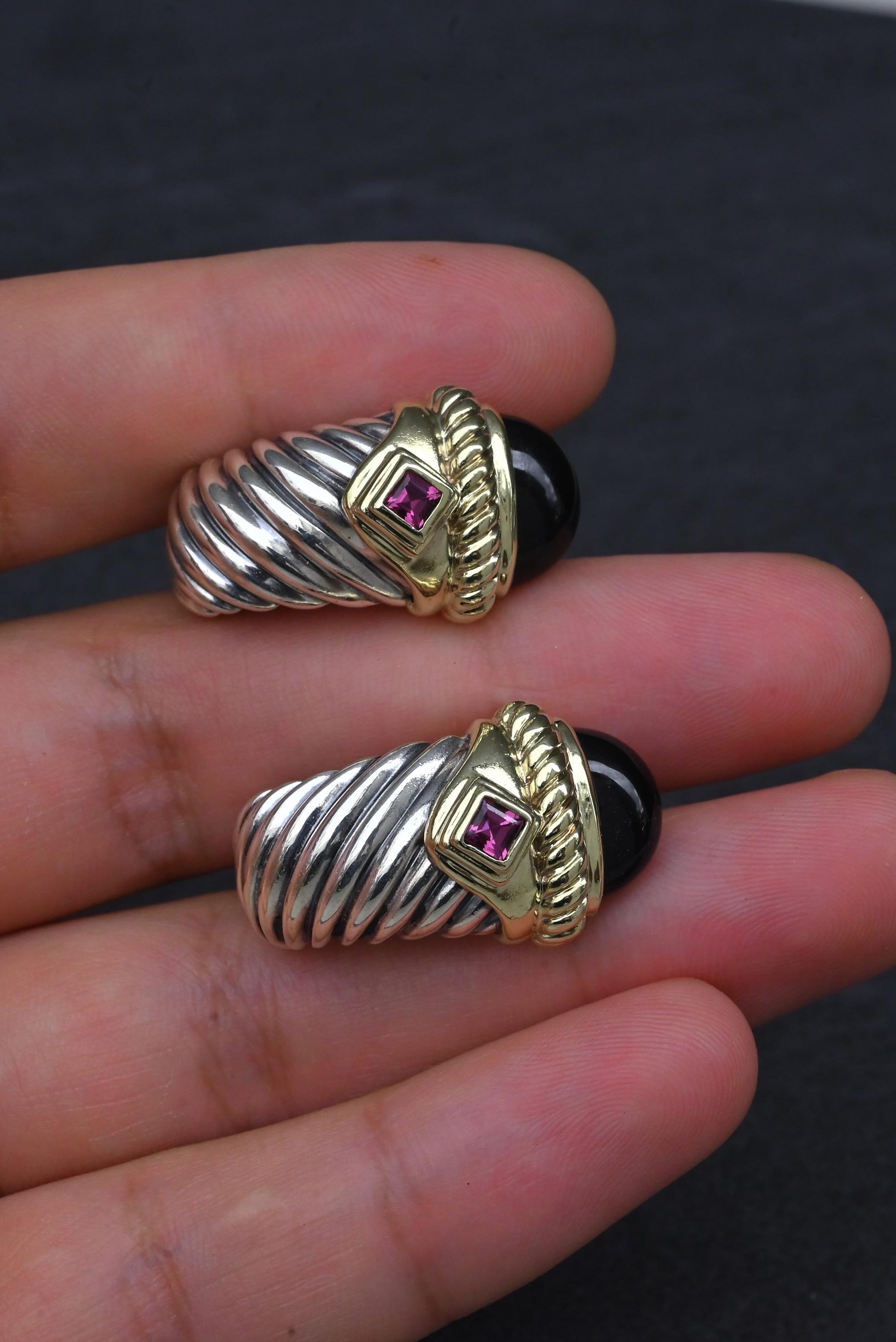 David Yurman Sterling Silver 14K Gold Cable Earrings Onyx & Pink Tourmaline