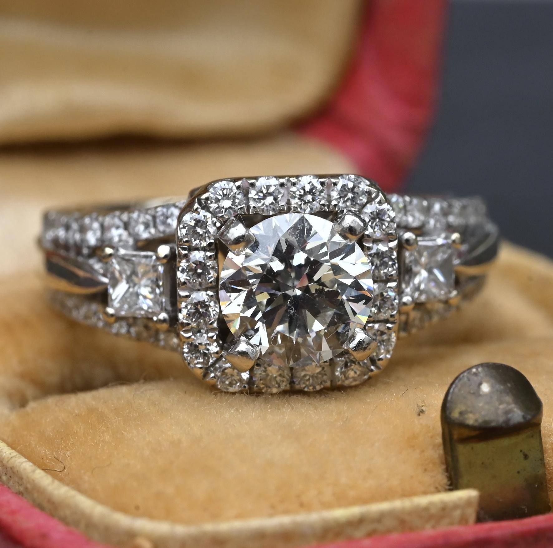 14K White Gold Halo Diamond Engagement Ring 1.47 TCW IGI Certified