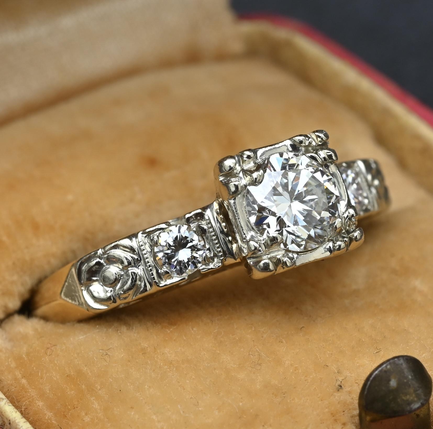 Mid-Century Vintage 14K Yellow & White Gold 3-Stone Diamond Ring | IGI Certified