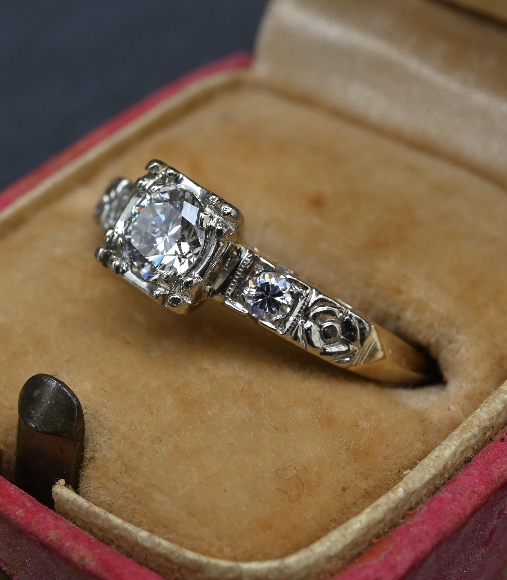 Mid-Century Vintage 14K Yellow & White Gold 3-Stone Diamond Ring | IGI Certified
