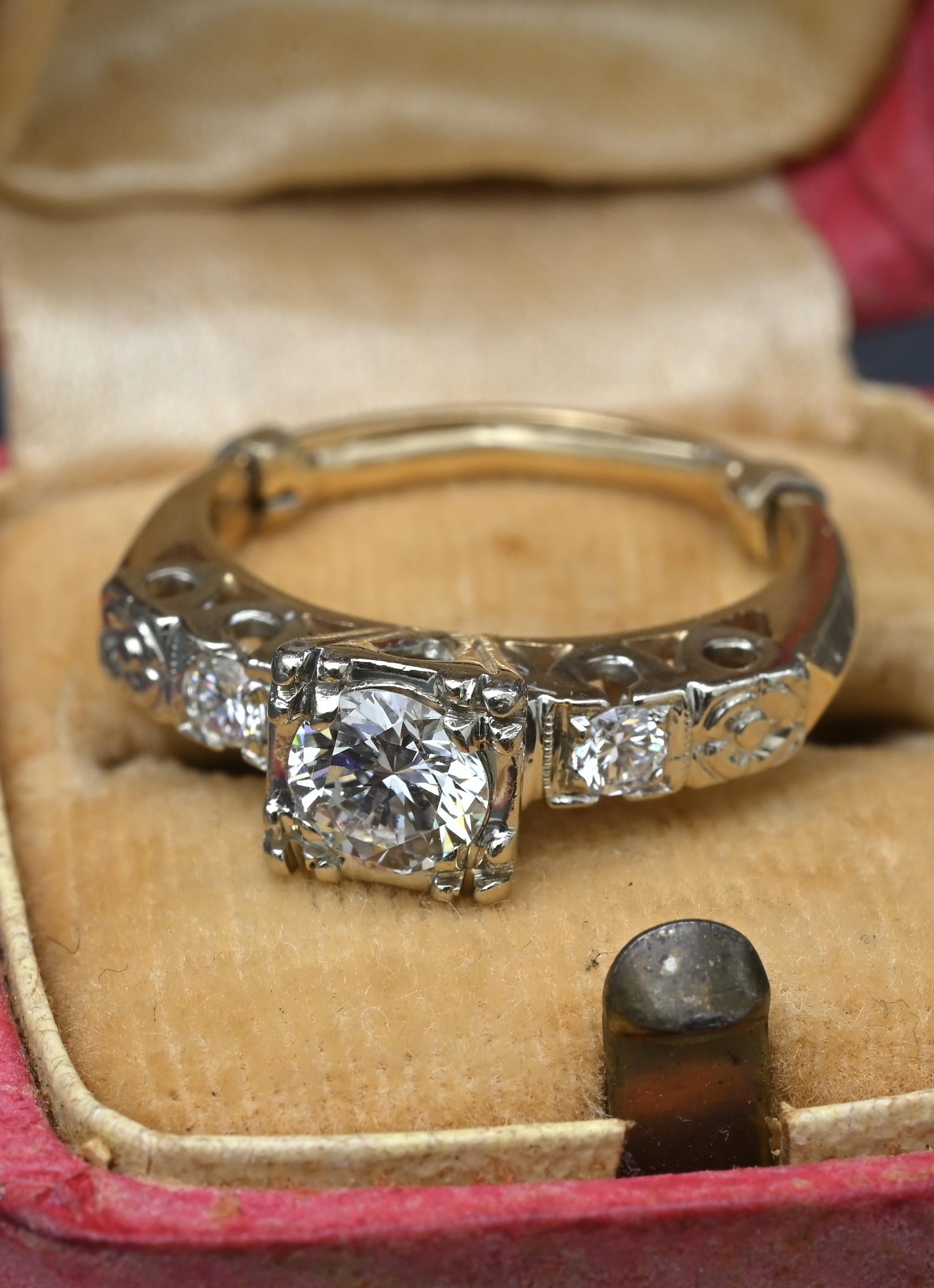 Mid-Century Vintage 14K Yellow & White Gold 3-Stone Diamond Ring | IGI Certified