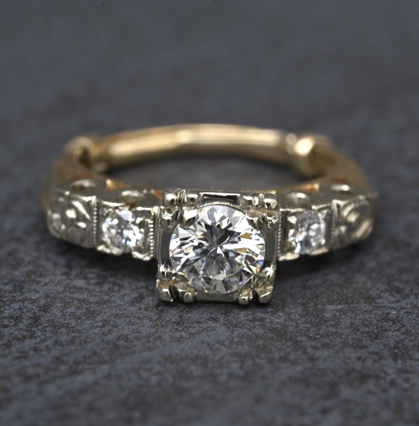 Mid-Century Vintage 14K Yellow & White Gold 3-Stone Diamond Ring | IGI Certified