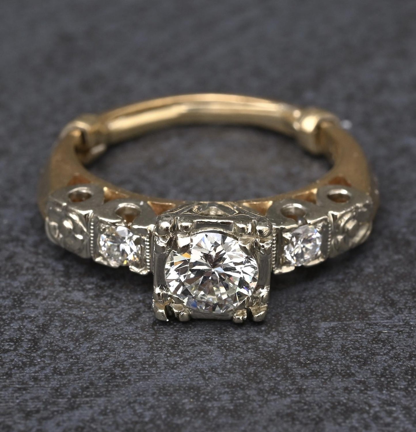 Mid-Century Vintage 14K Yellow & White Gold 3-Stone Diamond Ring | IGI Certified