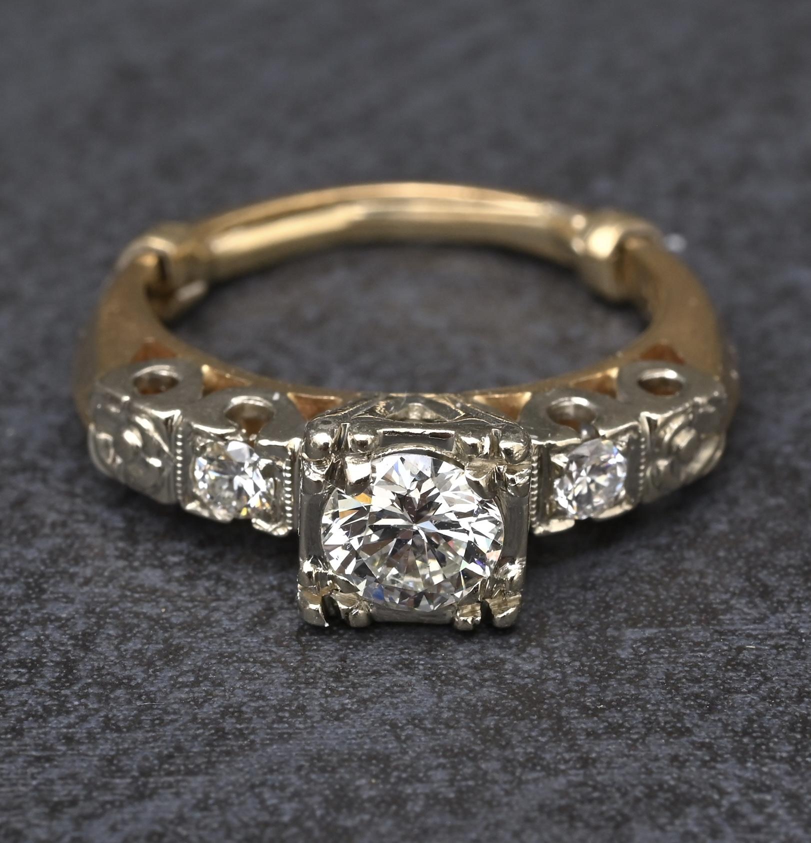 Mid-Century Vintage 14K Yellow & White Gold 3-Stone Diamond Ring | IGI Certified