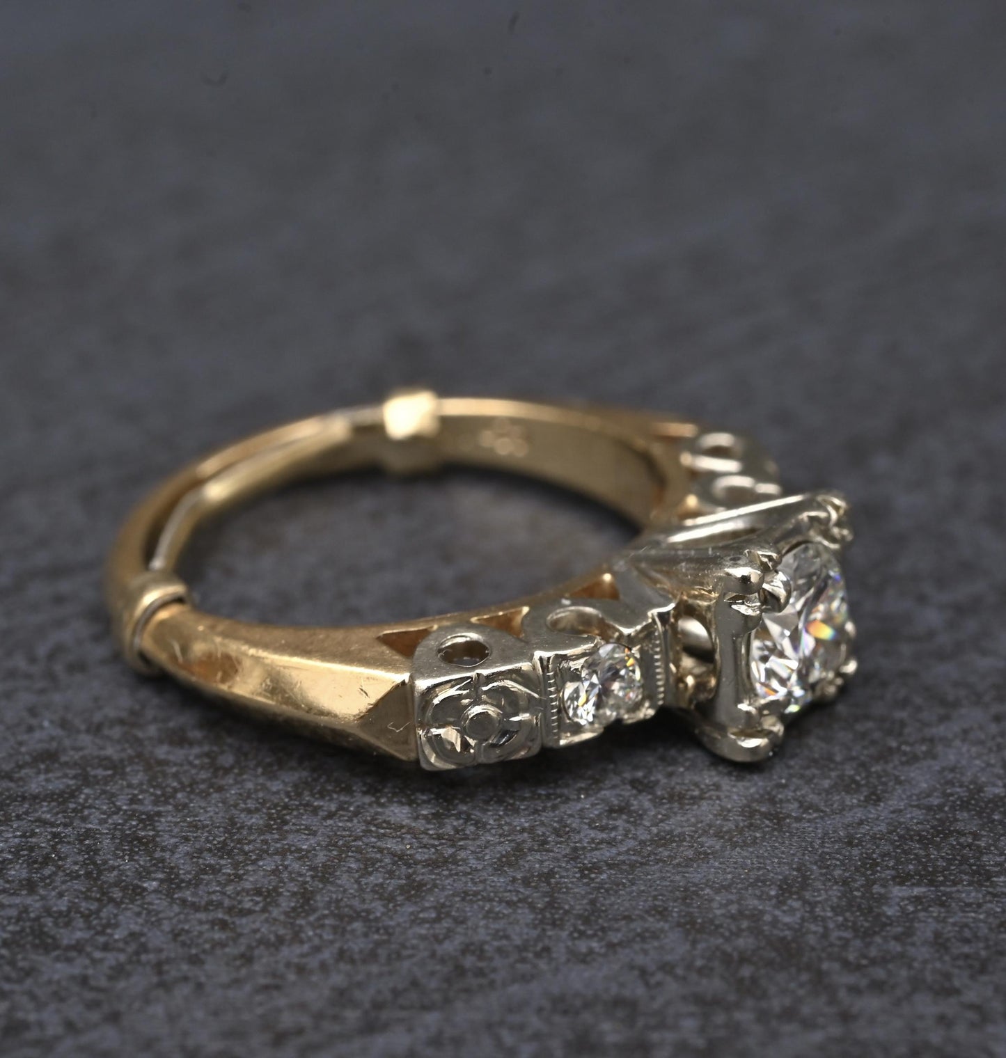 Mid-Century Vintage 14K Yellow & White Gold 3-Stone Diamond Ring | IGI Certified