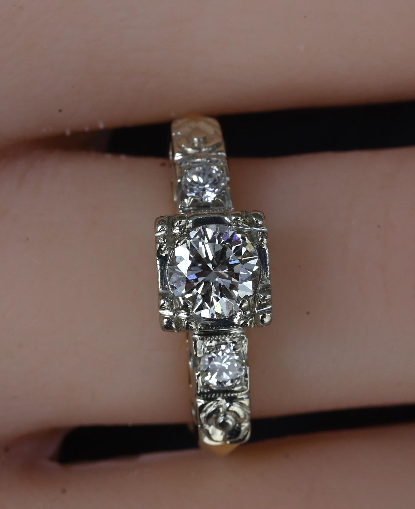 Mid-Century Vintage 14K Yellow & White Gold 3-Stone Diamond Ring | IGI Certified
