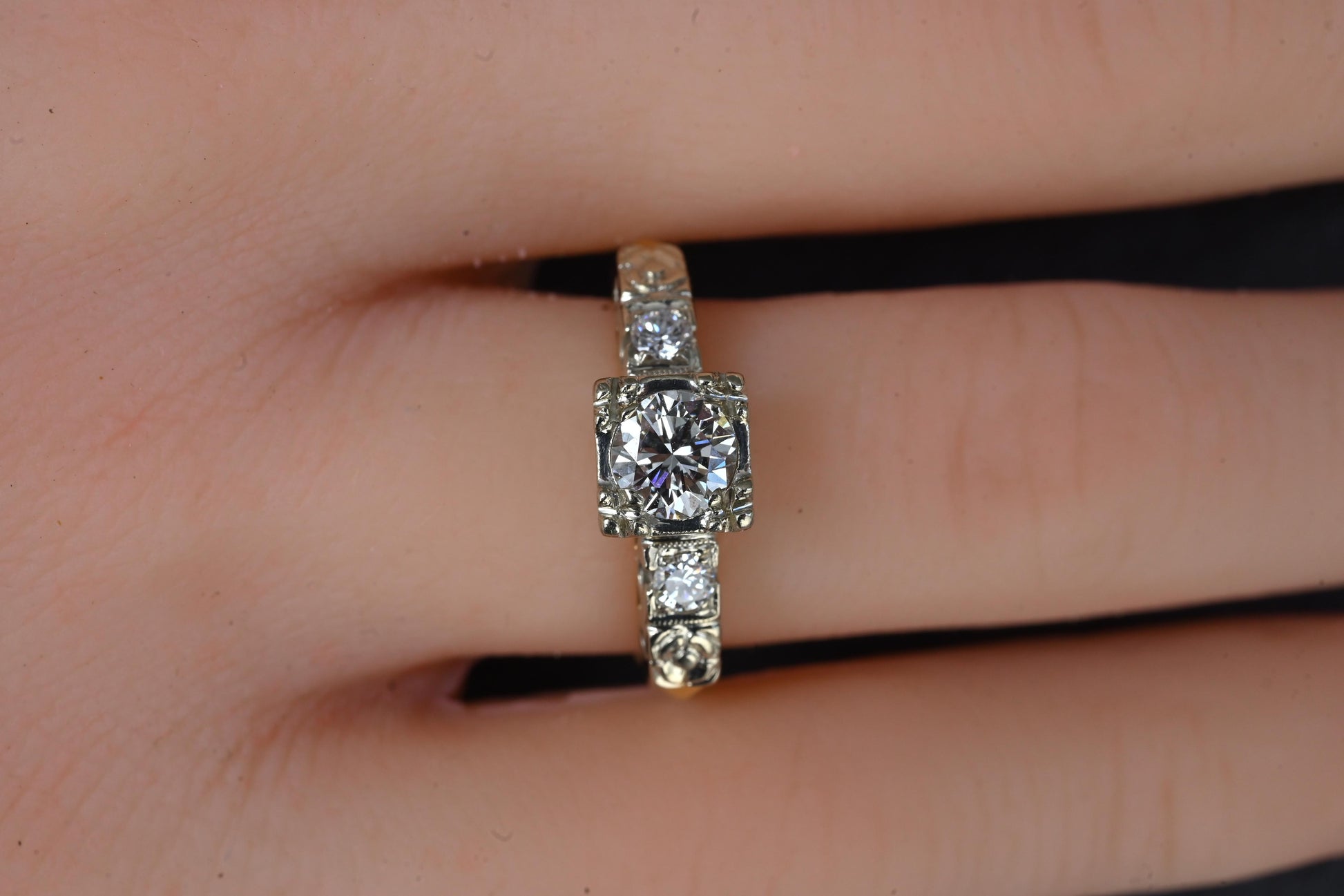 Mid-Century Vintage 14K Yellow & White Gold 3-Stone Diamond Ring | IGI Certified