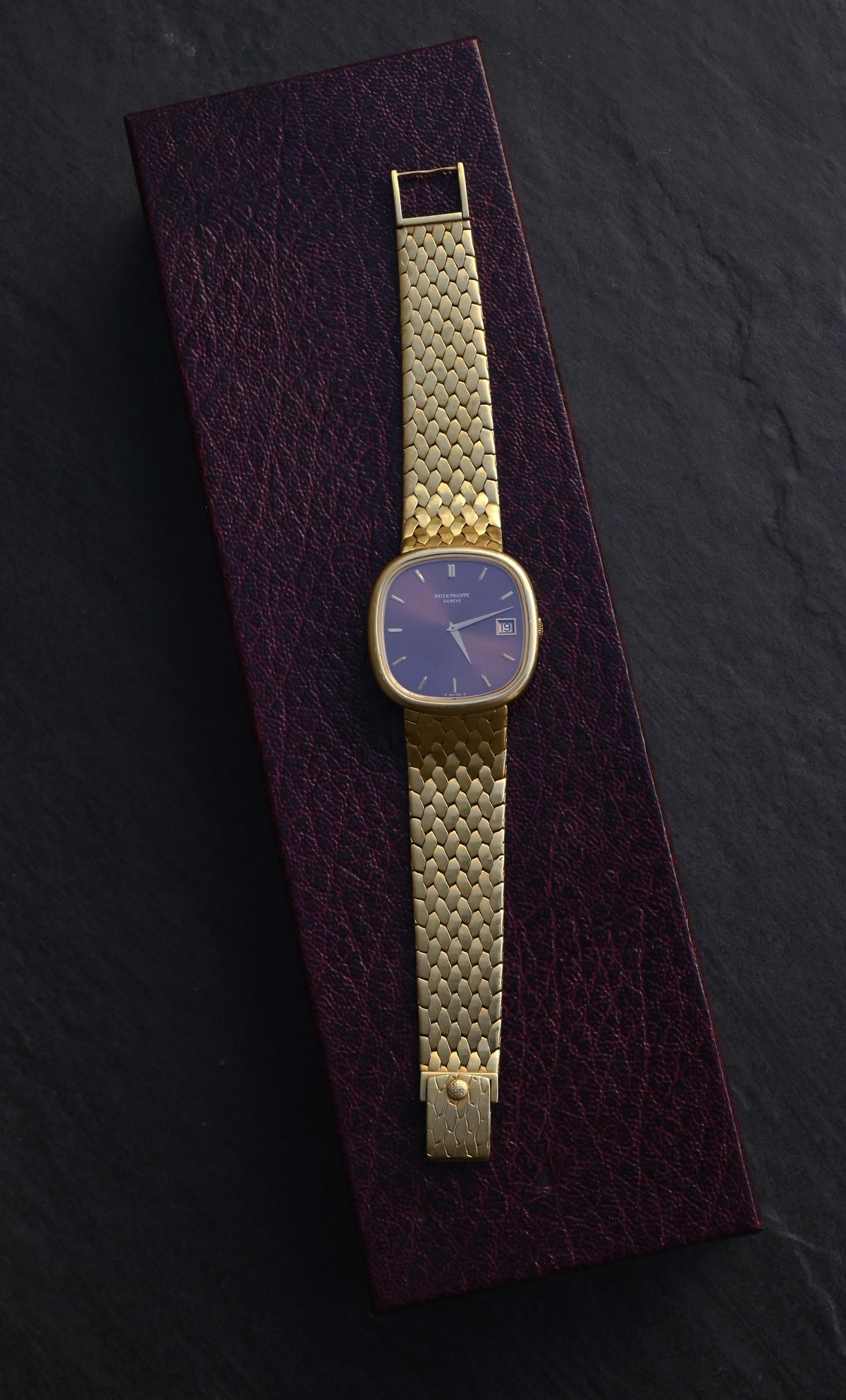 Rare Vintage Patek Philippe 3604/1 18K Yellow Gold Cushion Burgundy Dial - Uncut