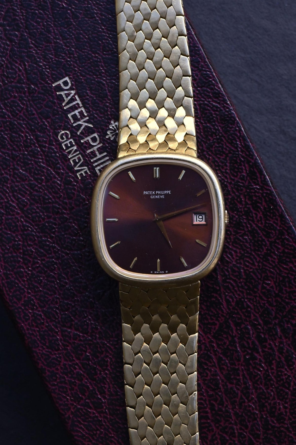 Rare Vintage Patek Philippe 3604/1 18K Yellow Gold Cushion Burgundy Dial - Uncut