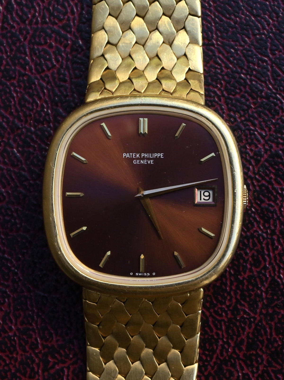 Rare Vintage Patek Philippe 3604/1 18K Yellow Gold Cushion Burgundy Dial - Uncut