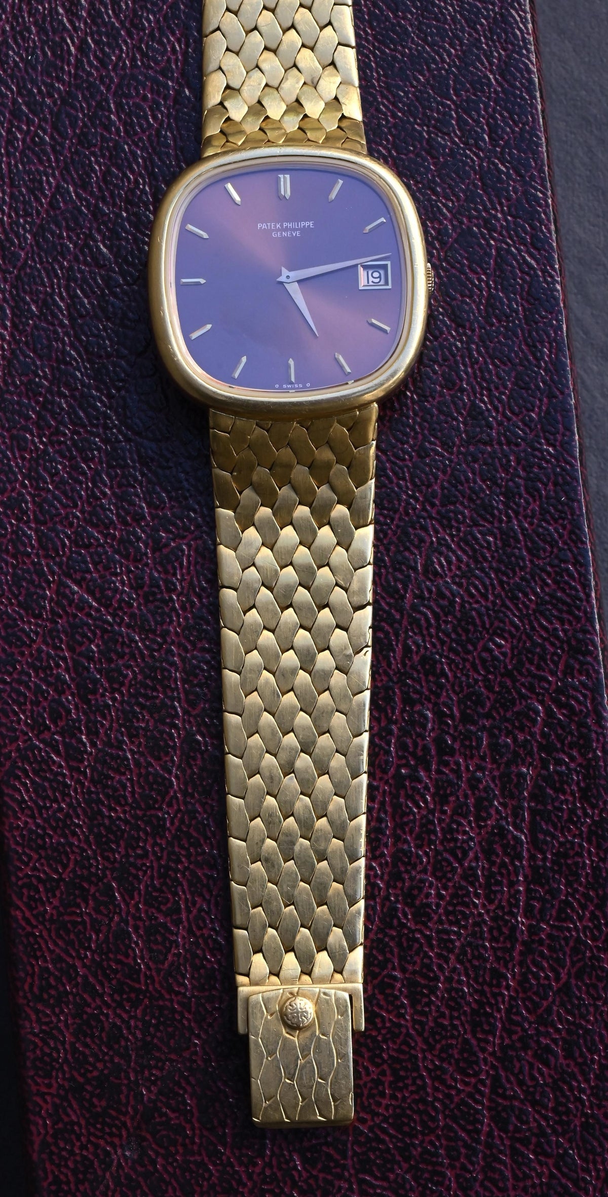 Rare Vintage Patek Philippe 3604/1 18K Yellow Gold Cushion Burgundy Dial - Uncut