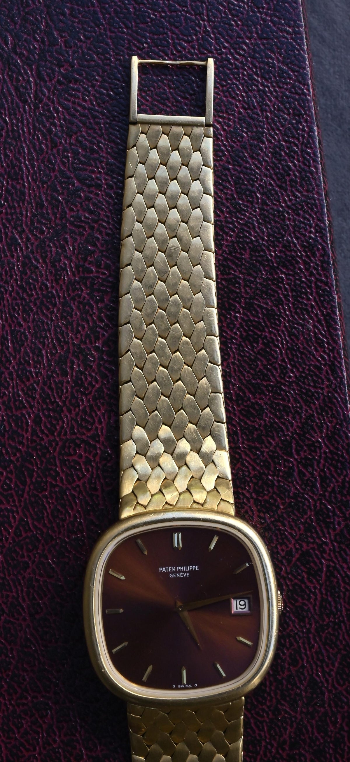 Rare Vintage Patek Philippe 3604/1 18K Yellow Gold Cushion Burgundy Dial - Uncut