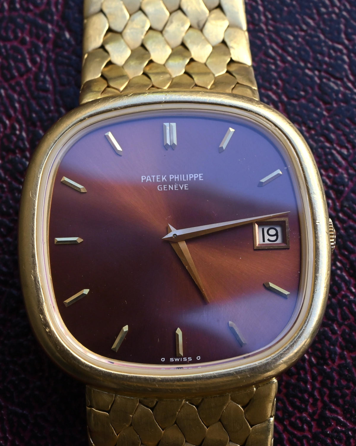 Rare Vintage Patek Philippe 3604/1 18K Yellow Gold Cushion Burgundy Dial - Uncut