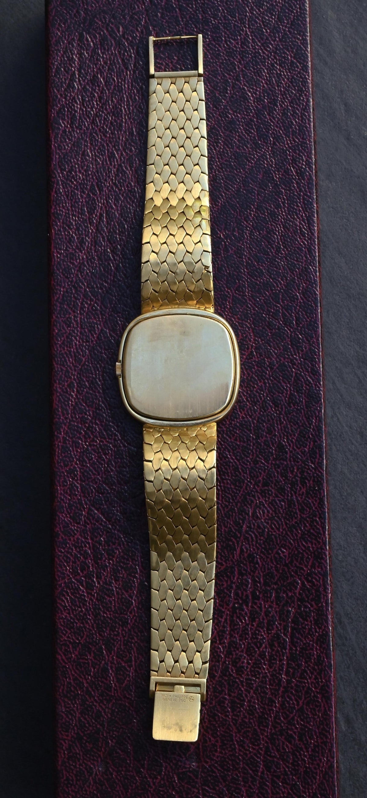 Rare Vintage Patek Philippe 3604/1 18K Yellow Gold Cushion Burgundy Dial - Uncut