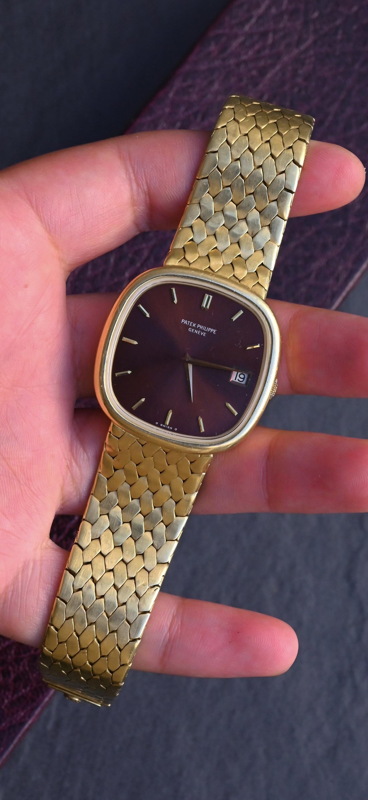 Rare Vintage Patek Philippe 3604/1 18K Yellow Gold Cushion Burgundy Dial - Uncut
