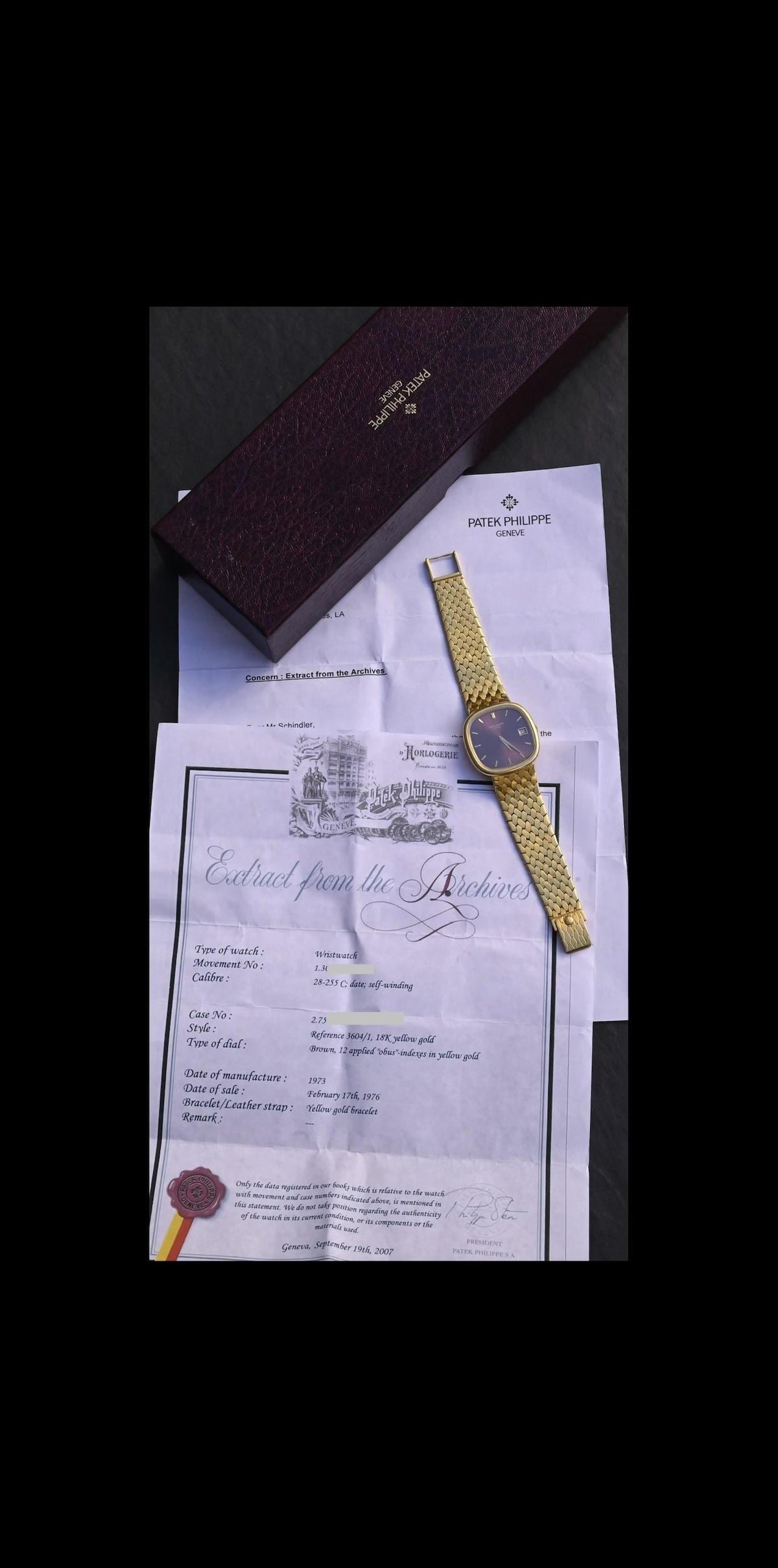 Rare Vintage Patek Philippe 3604/1 18K Yellow Gold Cushion Burgundy Dial - Uncut