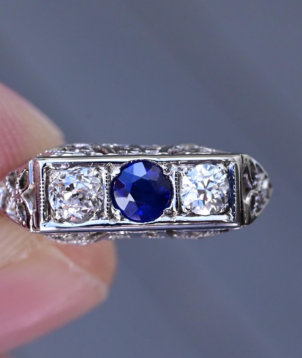 Beautiful Art Deco Period Diamond & Sapphire Ring With Old Euro Diamonds
