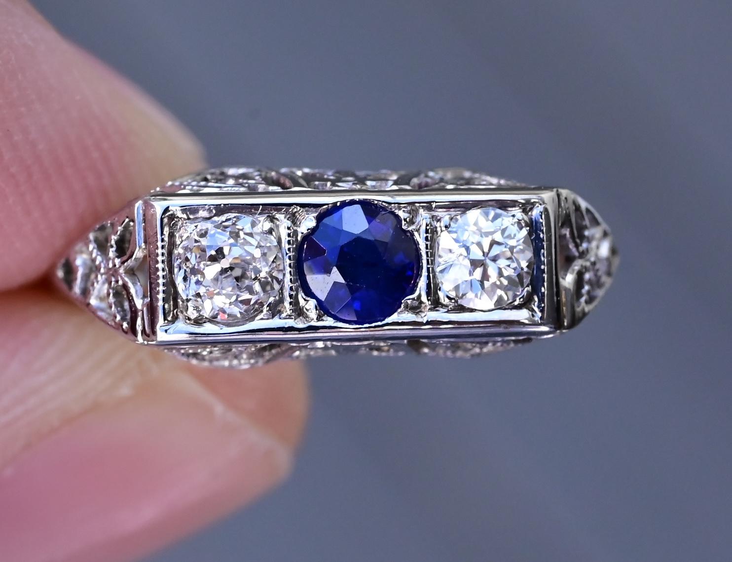 Beautiful Art Deco Period Diamond & Sapphire Ring With Old Euro Diamonds