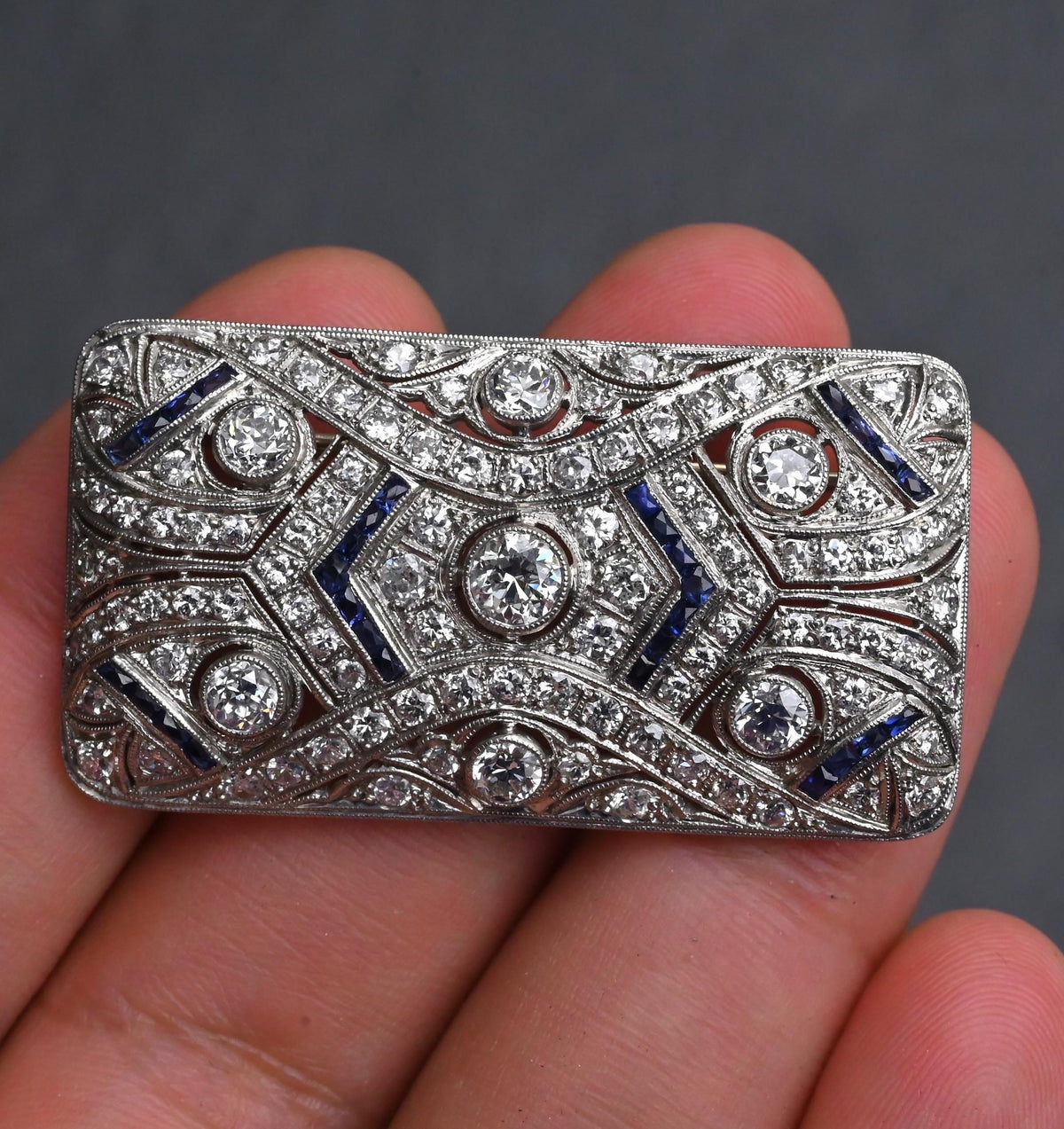 Rare Antique Art Deco Platinum 4.00ctw Diamond & Lab Sapphire Brooch Pendant IGI