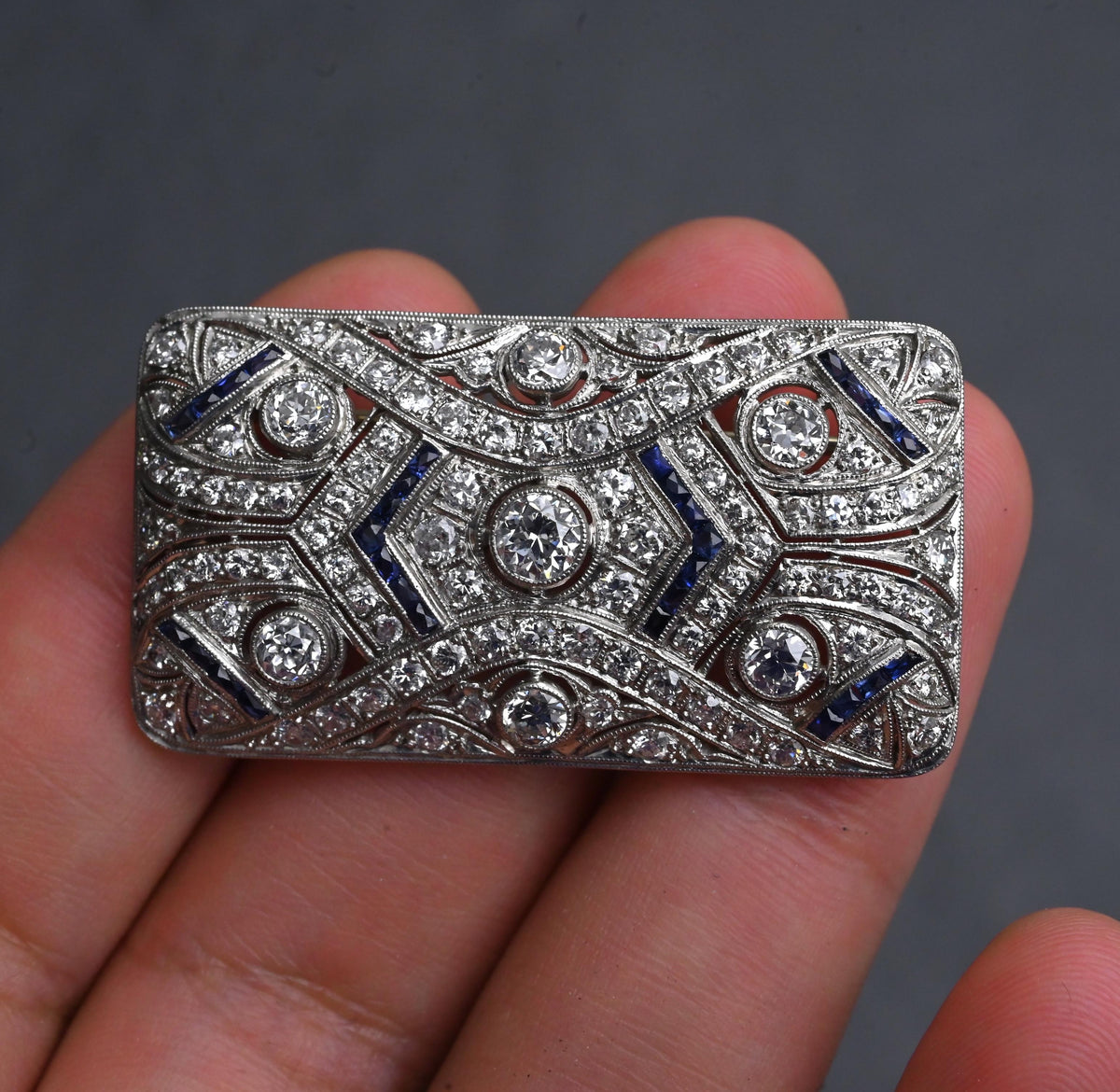 Rare Antique Art Deco Platinum 4.00ctw Diamond & Lab Sapphire Brooch Pendant IGI