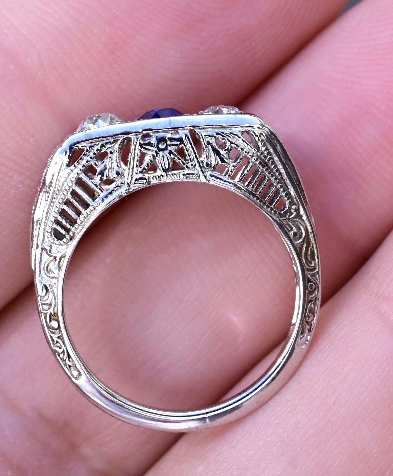 Beautiful Art Deco Period Diamond & Sapphire Ring With Old Euro Diamonds